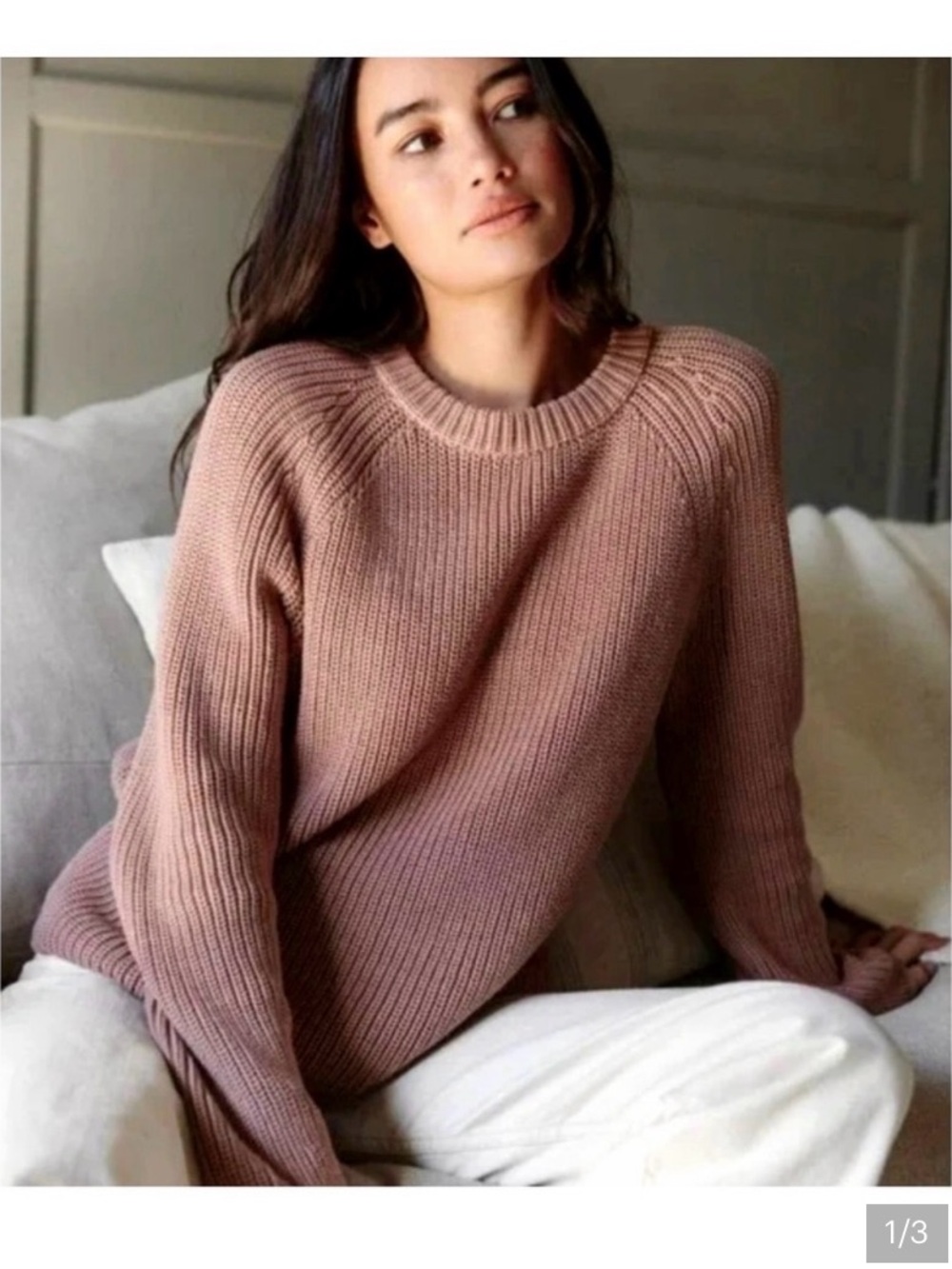 Jenni Kayne Cotton Fisherman Crew Neck Long Sleeve Pullover Sweater Rose